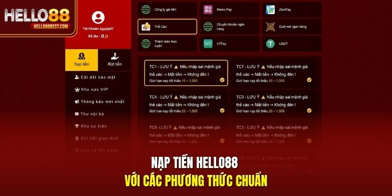 Nạp tiền Hello88 với các phương thức chuẩn